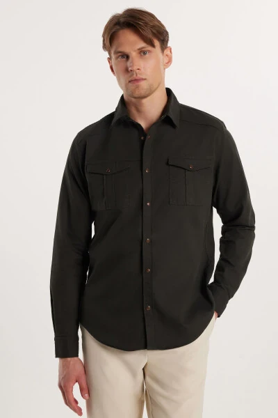 Men's Slim Fit Long Sleeve Denim Washed Double Pocket Khaki Sport Collar Shirt - TUDORS