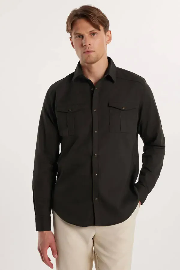 Men's Slim Fit Long Sleeve Denim Washed Double Pocket Khaki Sport Collar Shirt - 1