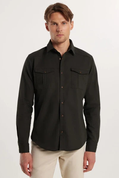 Men's Slim Fit Long Sleeve Denim Washed Double Pocket Khaki Sport Collar Shirt - TUDORS (1)