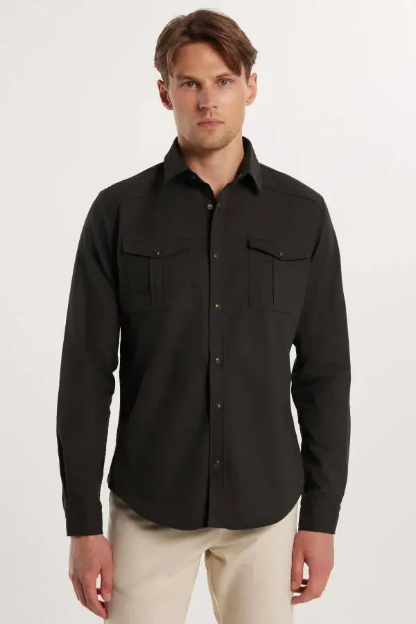 Men's Slim Fit Long Sleeve Denim Washed Double Pocket Khaki Sport Collar Shirt - 2