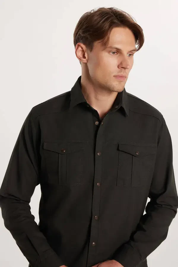 Men's Slim Fit Long Sleeve Denim Washed Double Pocket Khaki Sport Collar Shirt - 3