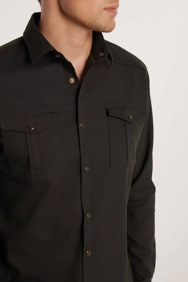 Men's Slim Fit Long Sleeve Denim Washed Double Pocket Khaki Sport Collar Shirt - 4