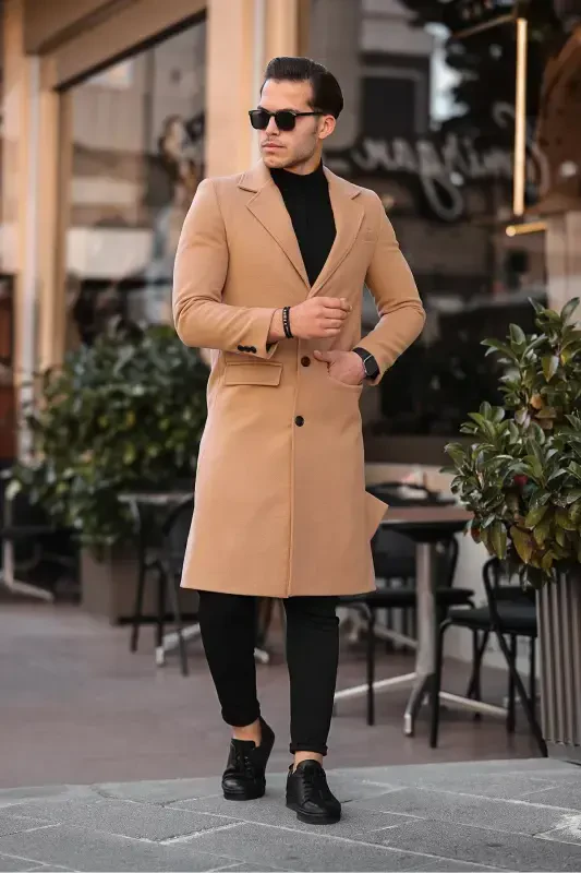 Men's Slim-Fit Long Wool Blend Overcoat-mink - 4