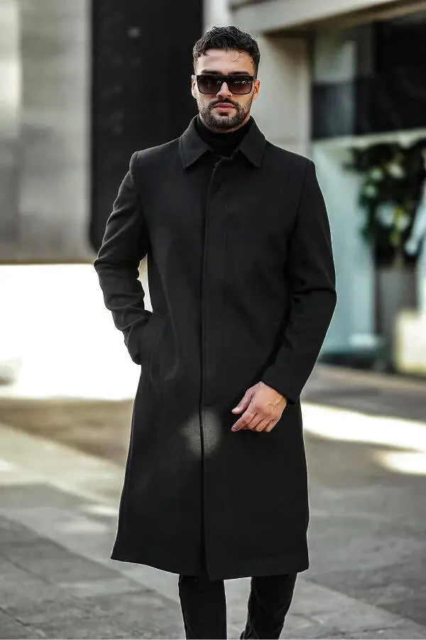 Men's slim fit long wool coat - 1