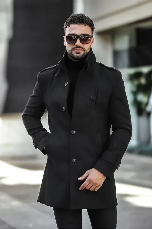 Men's Slim Fit Long Wool Coat - Black - 1