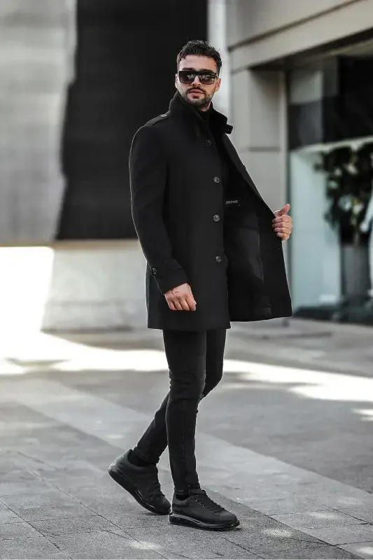 Men's Slim Fit Long Wool Coat - Black - 3