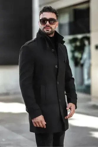 Men's Slim Fit Long Wool Coat - Black - 4