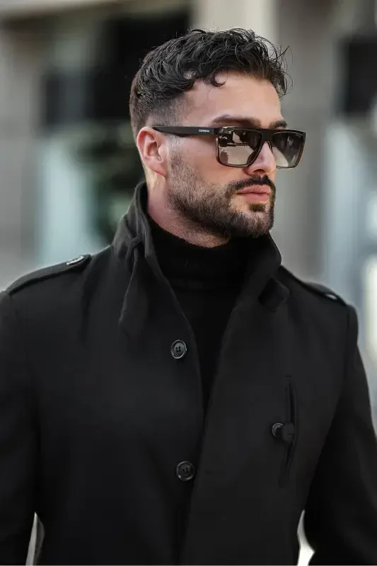 Men's Slim Fit Long Wool Coat - Black - 5