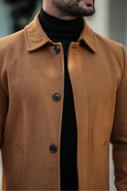 Men's Slim Fit Long Wool Coat - BRICK - 5