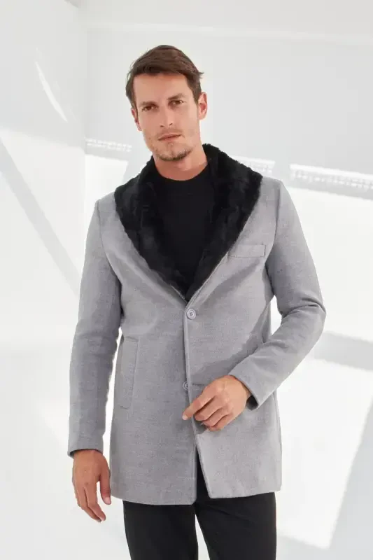 Men's Slim Fit Long Wool Coat-Light Gray - DELPINO