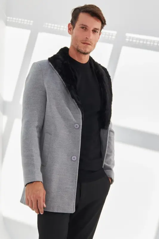 Men's Slim Fit Long Wool Coat-Light Gray - 4