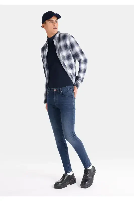 Men's slim fit, low rise, dark blue, super slim fit pants. - 1