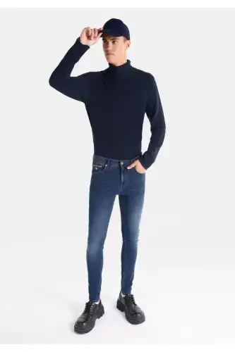 Men's slim fit, low rise, dark blue, super slim fit pants. - 3