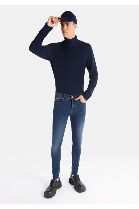 Men's slim fit, low rise, dark blue, super slim fit pants. - 3