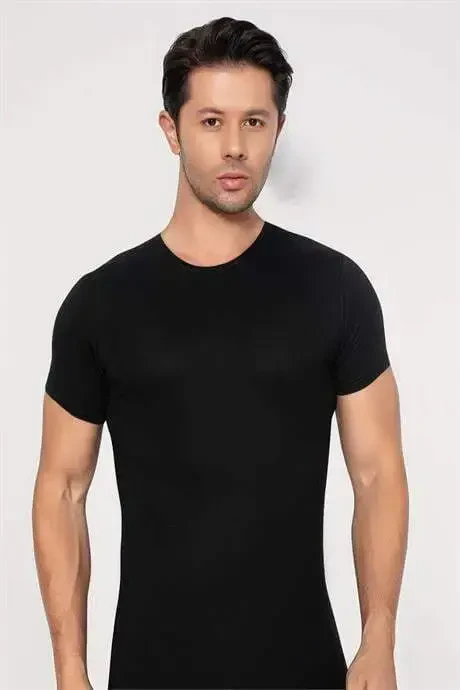 Men's Slim Fit Narrow Cut Cotton Soft Touch Black Crew Neck Basic T-shirt - 2