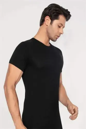 Men's Slim Fit Narrow Cut Cotton Soft Touch Black Crew Neck Basic T-shirt - 3