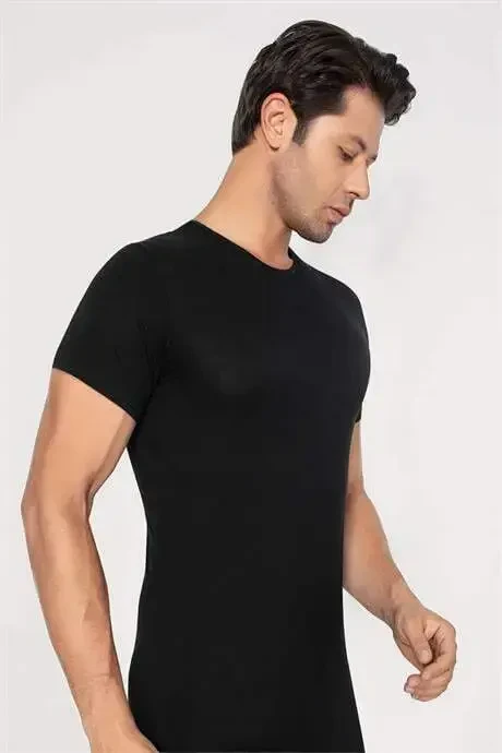 Men's Slim Fit Narrow Cut Cotton Soft Touch Black Crew Neck Basic T-shirt - 3