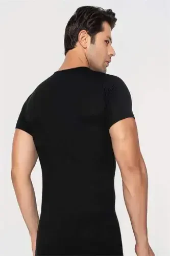 Men's Slim Fit Narrow Cut Cotton Soft Touch Black Crew Neck Basic T-shirt - 4