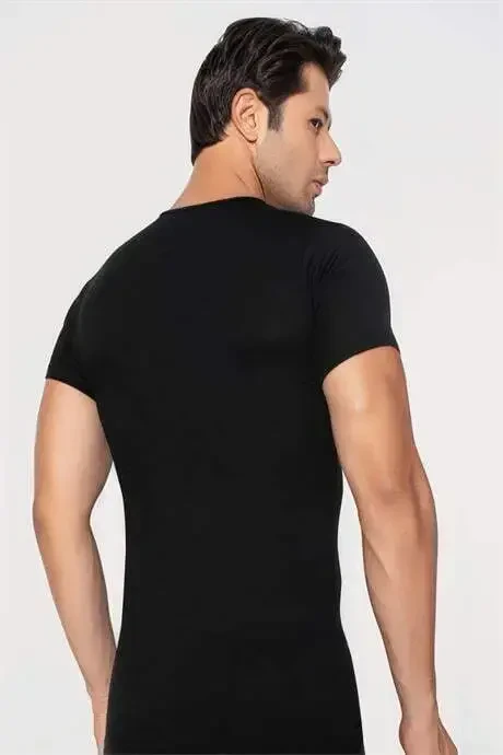 Men's Slim Fit Narrow Cut Cotton Soft Touch Black Crew Neck Basic T-shirt - 4