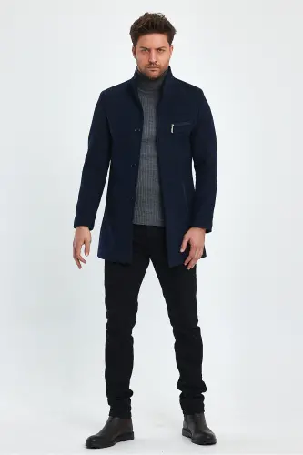 Men's Slim Fit Navy Blue Wool Coat-NAVY BLUE - TREND KOMBİN (1)