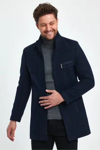 Men's Slim Fit Navy Blue Wool Coat-NAVY BLUE - 5