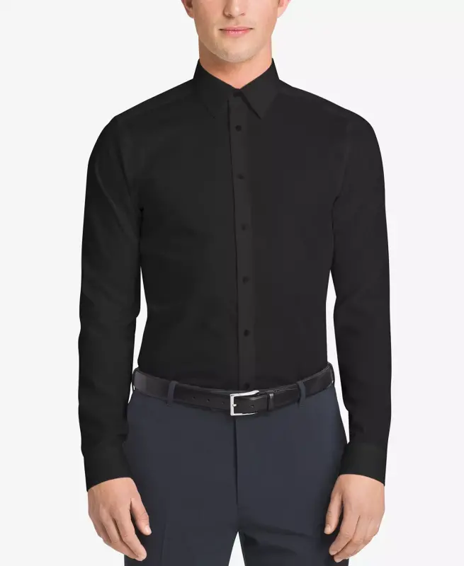 Men's Slim-Fit Non-Iron Herringbone Dress Shirt-Black - 1