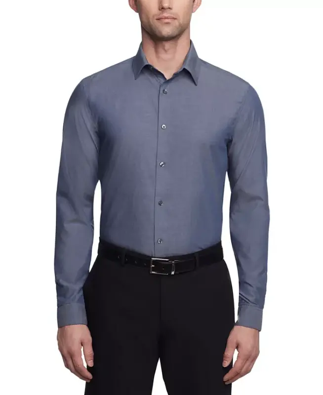 Men's Slim-Fit Non-Iron Herringbone Dress Shirt-Stream - CALVIN KLEIN