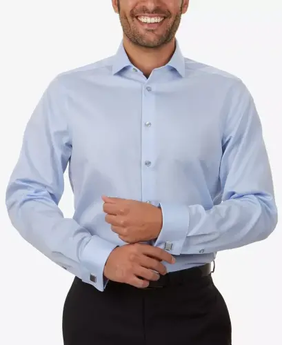 Men's Slim-Fit Non-Iron Herringbone French Cuff Dress Shirt-Blue - 1