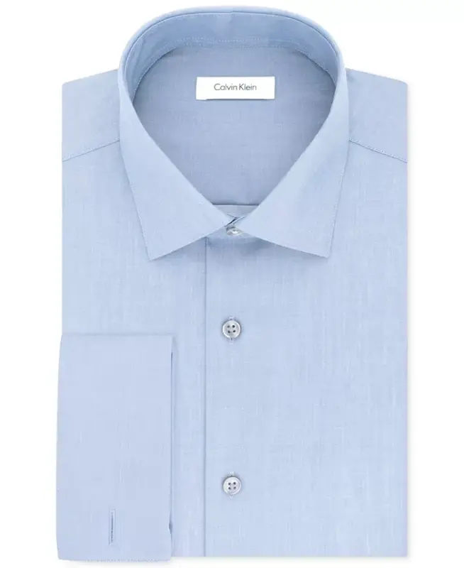 Men's Slim-Fit Non-Iron Herringbone French Cuff Dress Shirt-Blue - 4