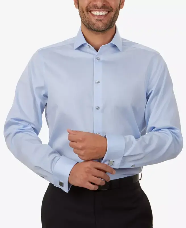 Men's Slim-Fit Non-Iron Herringbone French Cuff Dress Shirt-Blue - CALVIN KLEIN
