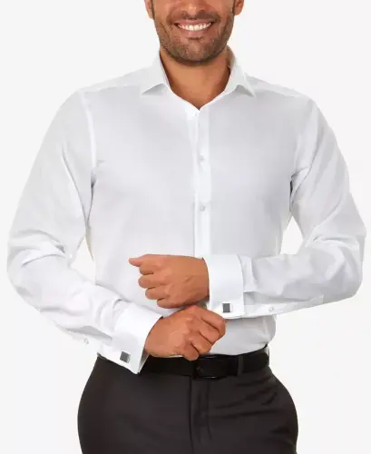 Men's Slim-Fit Non-Iron Herringbone French Cuff Dress Shirt-White 