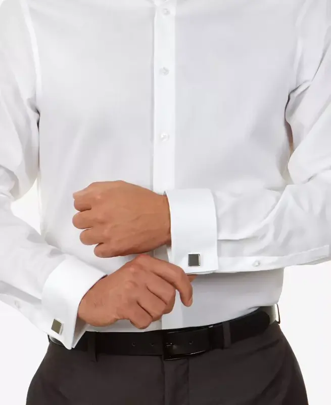 Men's Slim-Fit Non-Iron Herringbone French Cuff Dress Shirt-White - 3