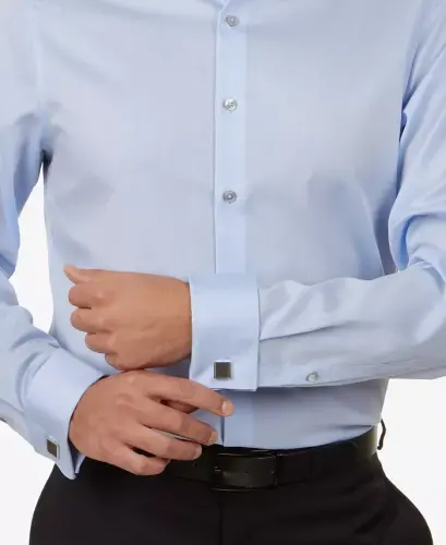 Men's Slim-Fit Non-Iron Herringbone French Cuff Ko'ylak-Moviy - 3