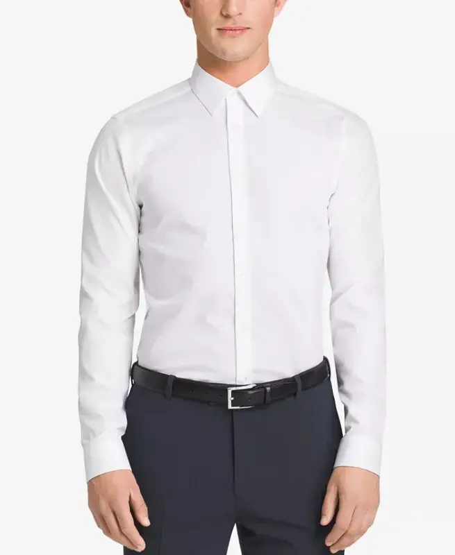 Men's Slim-Fit Non-Iron Herringbone Ko'ylak-Oq - CALVIN KLEIN