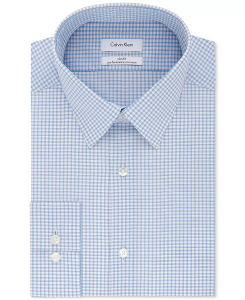 Men's Slim-Fit Non-Iron Performance Stretch Blue Check Dress Shirt - CALVIN KLEIN