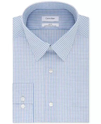 Men's Slim-Fit Non-Iron Performance Stretch Blue Check Dress Shirt - 1