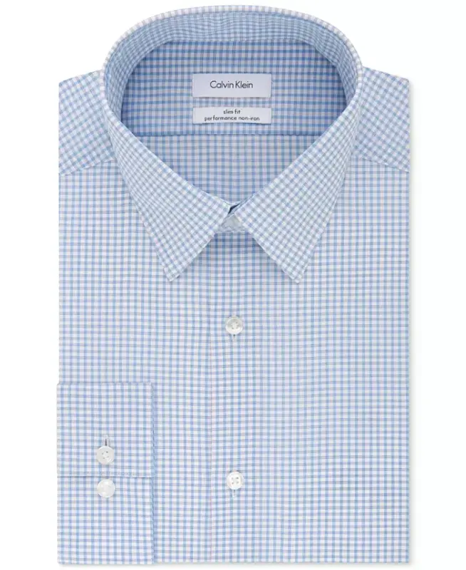 Men's Slim-Fit Non-Iron Performance Stretch Blue Check Dress Shirt - 1