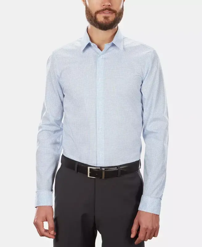 Men's Slim-Fit Non-Iron Performance Stretch Blue Check Dress Shirt - 2
