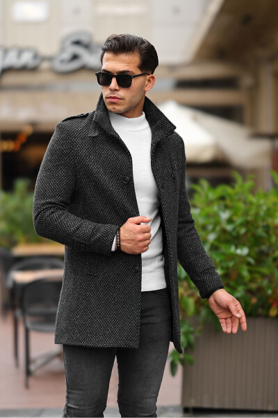 Men's Slim Fit Notch Lapel Long Wool Blend Dark Patterned Cashmere Coat - MERO LIFE