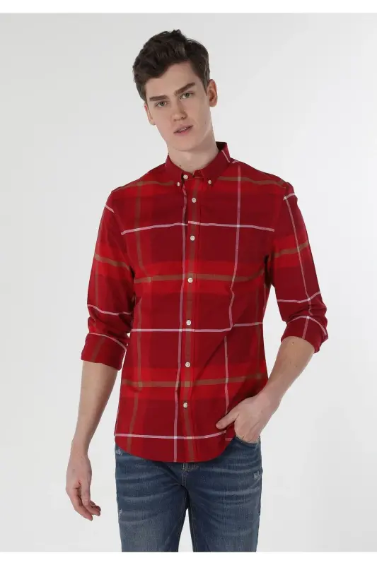 Men's Slim Fit, Red Striped Long Sleeve Shirt. Cl1058638 - 3