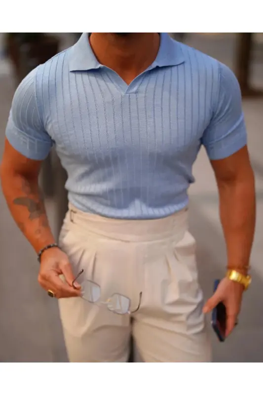 Men's Slim Fit Ribbed Polo Collar Knitted T-Shirt-BLUE - 1