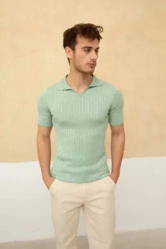 Men's Slim Fit Ribbed Polo Collar Knitted T-Shirt-SEA GREEN - 1