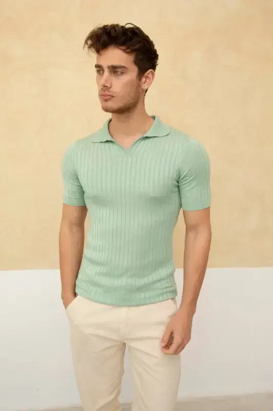 Men's Slim Fit Ribbed Polo Collar Knitted T-Shirt-SEA GREEN - 3