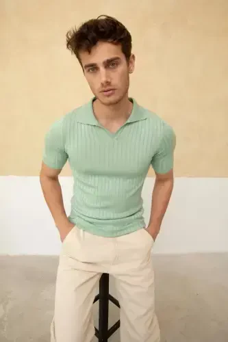 Men's Slim Fit Ribbed Polo Collar Knitted T-Shirt-SEA GREEN - 4