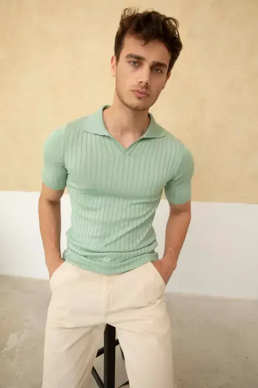 Men's Slim Fit Ribbed Polo Collar Knitted T-Shirt-SEA GREEN - 6