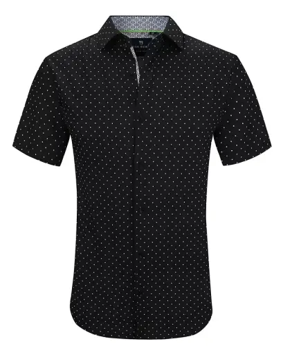 Men's Slim Fit Short Sleeve Performance Stretch Button Down Dress Shirt-Black Dot 