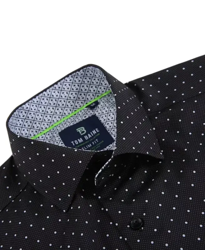 Men's Slim Fit Short Sleeve Performance Stretch Button Down Dress Shirt-Black Dot - 2