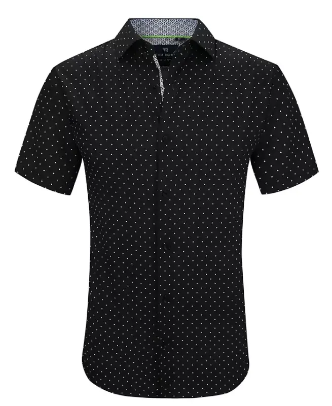 Men's Slim Fit Short Sleeve Performance Stretch Button Down Dress Shirt-Black Dot - TOM BAINE