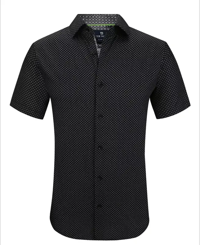 Men's Slim Fit Short Sleeve Performance Stretch Button Down Dress Shirt-Black Small Circle - 1