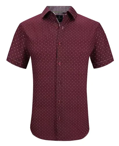 Men's Slim Fit Short Sleeve Performance Stretch Button Down Dress Shirt-Burgundy Dot 
